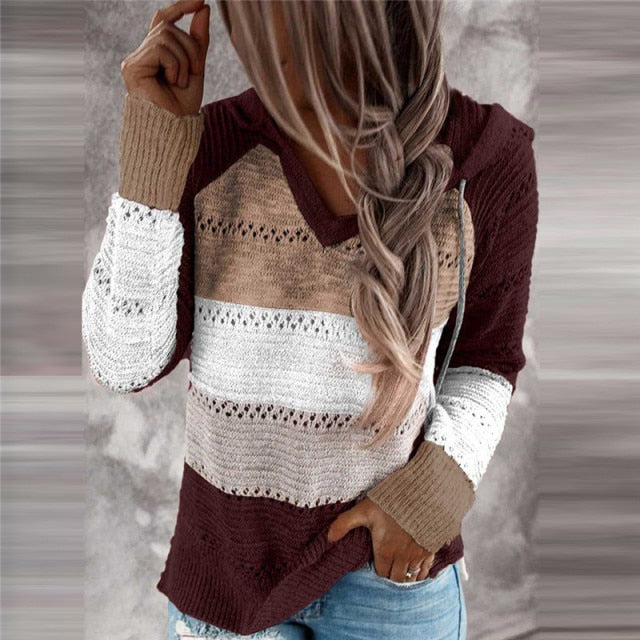 Autumn Women Patchwork Hooded Sweater Long Sleeve V-neck Knitted Sweater