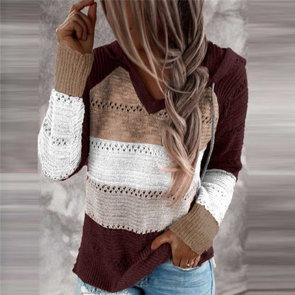 Autumn Women Patchwork Hooded Sweater Long Sleeve V-neck Knitted Sweater