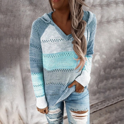 Autumn Women Patchwork Hooded Sweater Long Sleeve V-neck Knitted Sweater