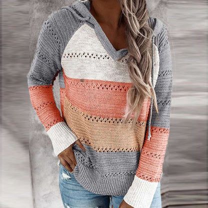 Autumn Women Patchwork Hooded Sweater Long Sleeve V-neck Knitted Sweater
