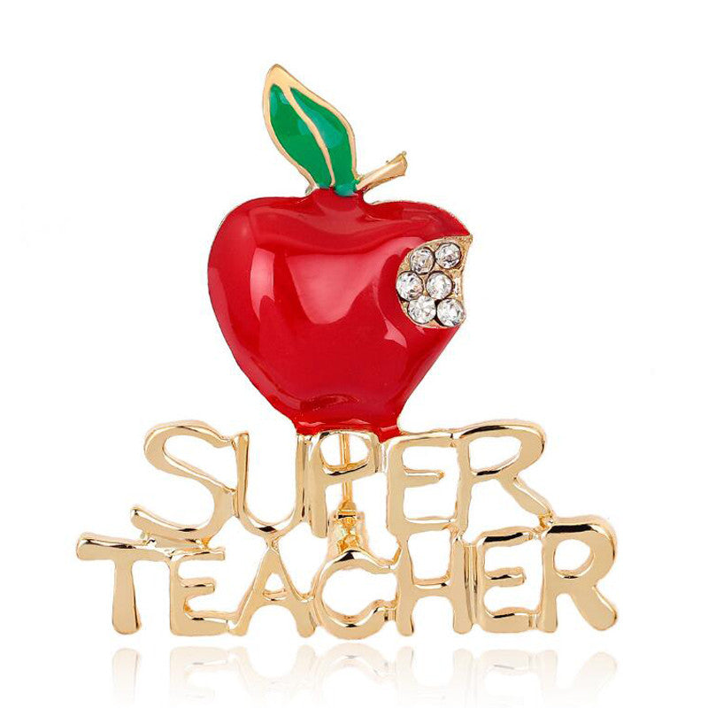 Exquisite Super Teacher Letters Apple Brooches Pins For Women Crystal Enamel Brooch