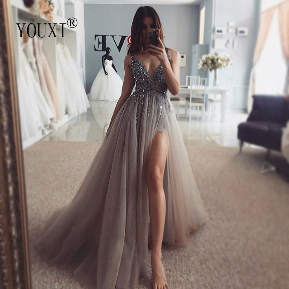 Beading Prom Dresses Long 2021 V Neck Light Gray High Split Tulle Sweep T