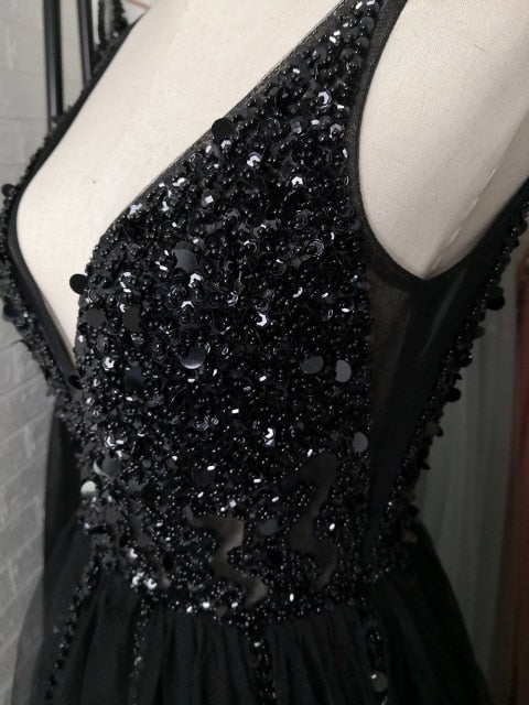 Beading Prom Dresses Long 2021 V Neck Light Gray High Split Tulle Sweep T