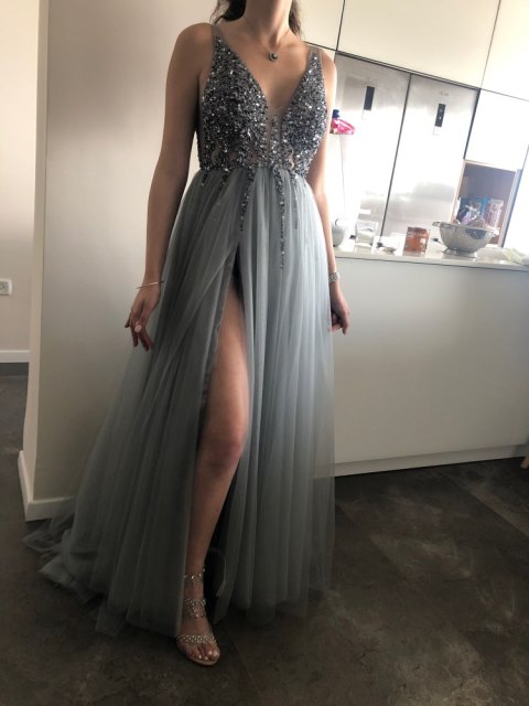 Beading Prom Dresses Long 2021 V Neck Light Gray High Split Tulle Sweep T