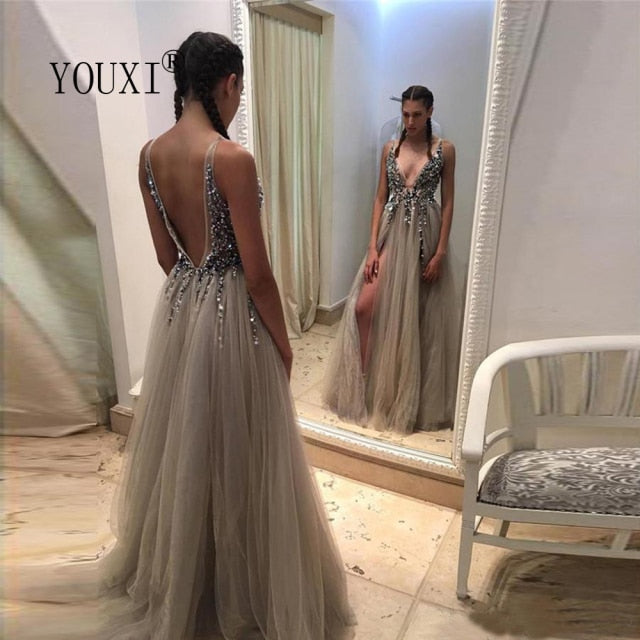 Beading Prom Dresses Long 2021 V Neck Light Gray High Split Tulle Sweep T