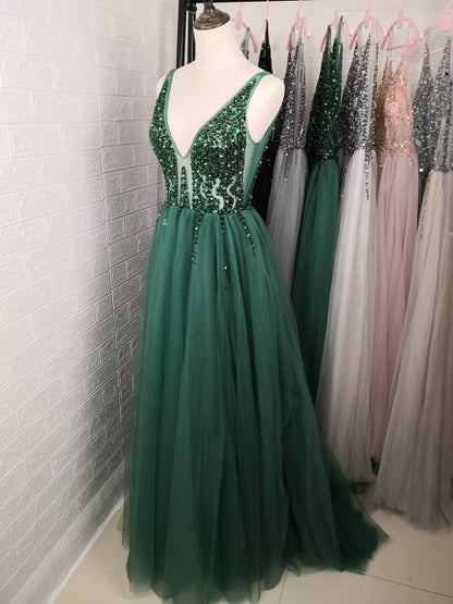Beading Prom Dresses Long 2021 V Neck Light Gray High Split Tulle Sweep T