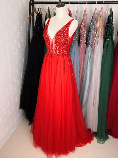 Beading Prom Dresses Long 2021 V Neck Light Gray High Split Tulle Sweep T