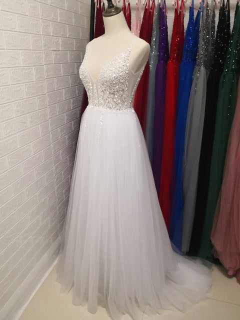 Beading Prom Dresses Long 2021 V Neck Light Gray High Split Tulle Sweep T