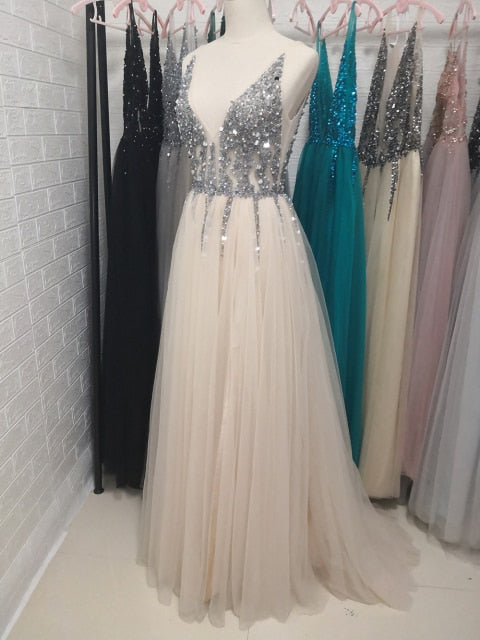 Beading Prom Dresses Long 2021 V Neck Light Gray High Split Tulle Sweep T