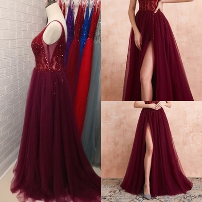 Beading Prom Dresses Long 2021 V Neck Light Gray High Split Tulle Sweep T