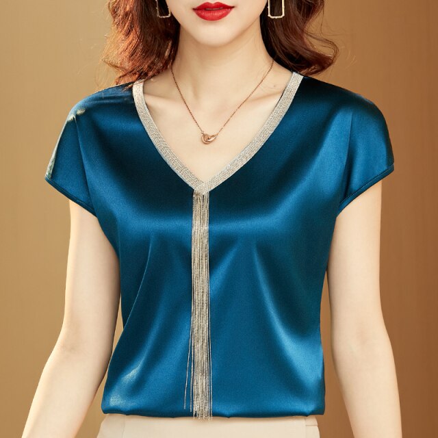 Summer Women's Shirt Satin Blue Blouse for Women Tassel Patchwork Shirt