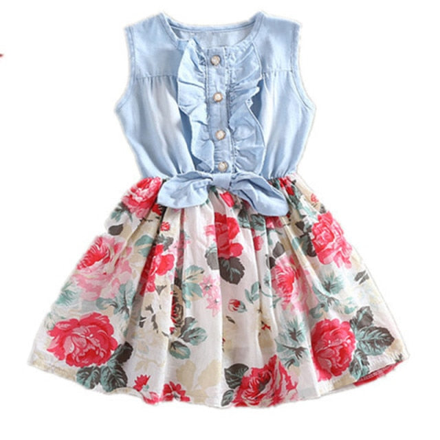 Summer Girls Dress Princess Denim Floral Stitching Sleeveless Dresses