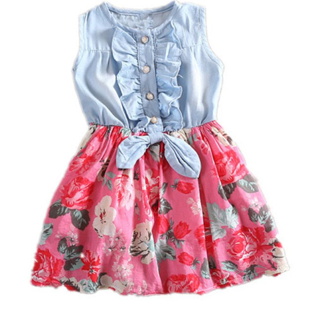 Summer Girls Dress Princess Denim Floral Stitching Sleeveless Dresses