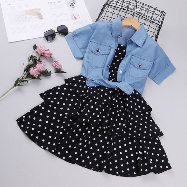 Summer Girls Dress Princess Denim Floral Stitching Sleeveless Dresses