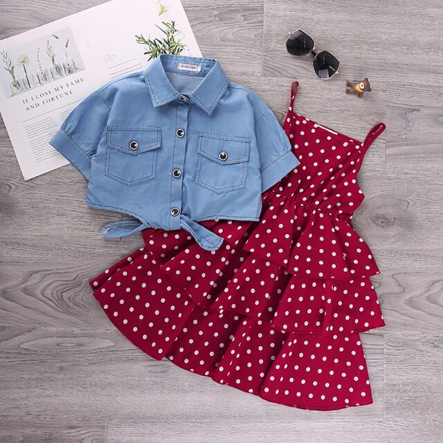 Summer Girls Dress Princess Denim Floral Stitching Sleeveless Dresses
