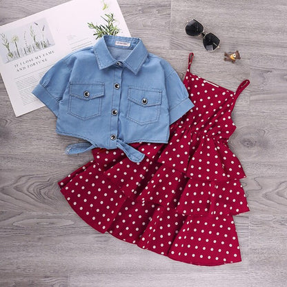 Summer Girls Dress Princess Denim Floral Stitching Sleeveless Dresses