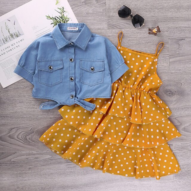 Summer Girls Dress Princess Denim Floral Stitching Sleeveless Dresses