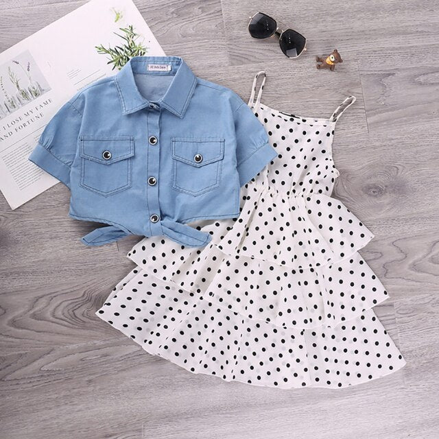 Summer Girls Dress Princess Denim Floral Stitching Sleeveless Dresses