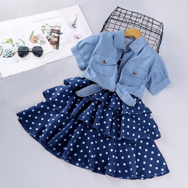 Summer Girls Dress Princess Denim Floral Stitching Sleeveless Dresses