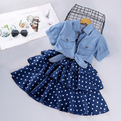 Summer Girls Dress Princess Denim Floral Stitching Sleeveless Dresses