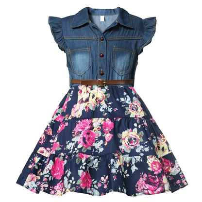 Summer Girls Dress Princess Denim Floral Stitching Sleeveless Dresses
