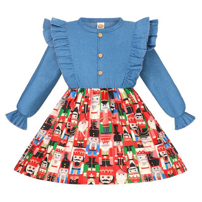 Summer Girls Dress Princess Denim Floral Stitching Sleeveless Dresses