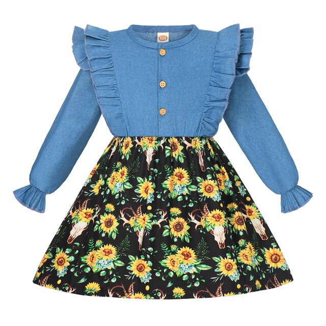 Summer Girls Dress Princess Denim Floral Stitching Sleeveless Dresses