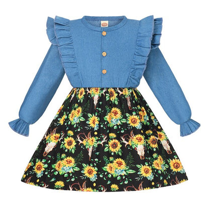 Summer Girls Dress Princess Denim Floral Stitching Sleeveless Dresses
