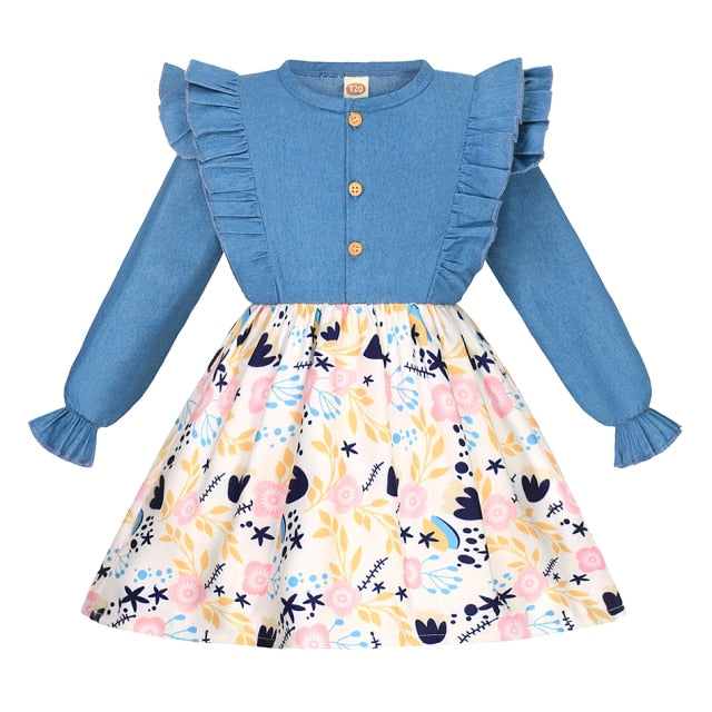 Summer Girls Dress Princess Denim Floral Stitching Sleeveless Dresses