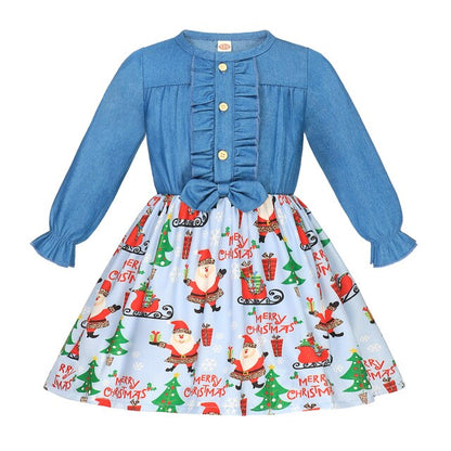 Summer Girls Dress Princess Denim Floral Stitching Sleeveless Dresses