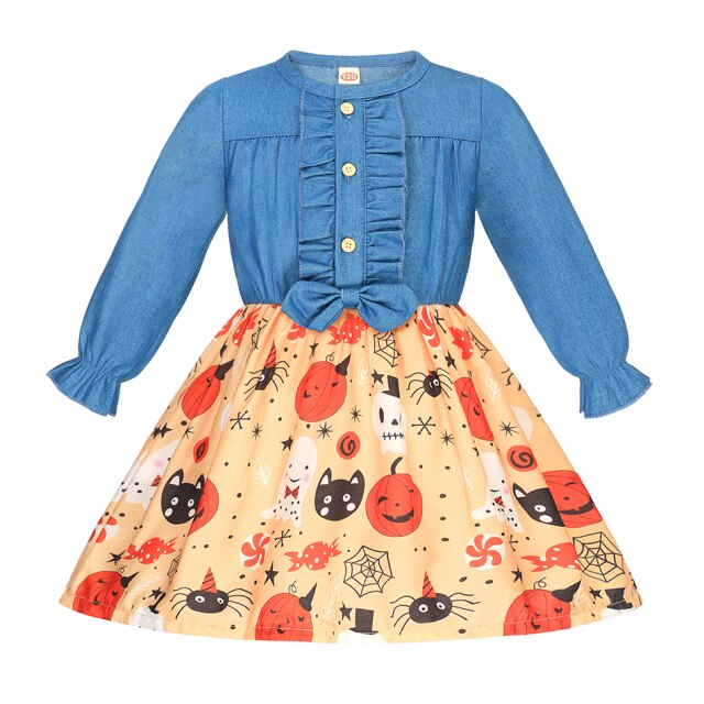 Summer Girls Dress Princess Denim Floral Stitching Sleeveless Dresses