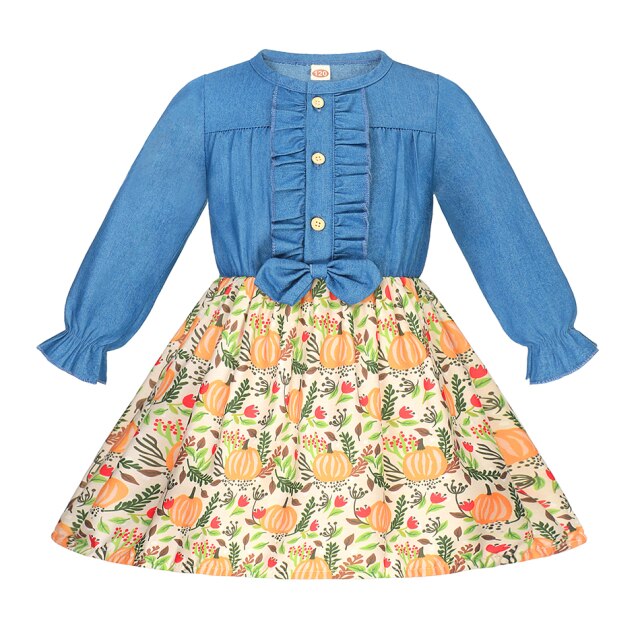 Summer Girls Dress Princess Denim Floral Stitching Sleeveless Dresses