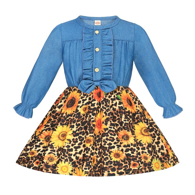Summer Girls Dress Princess Denim Floral Stitching Sleeveless Dresses