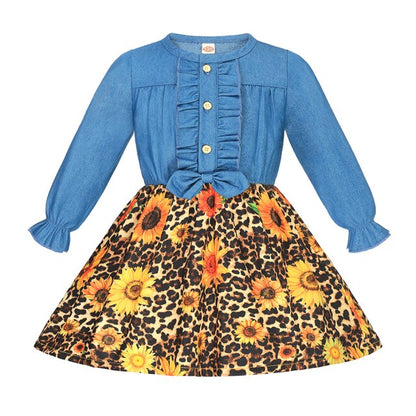 Summer Girls Dress Princess Denim Floral Stitching Sleeveless Dresses