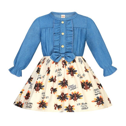 Summer Girls Dress Princess Denim Floral Stitching Sleeveless Dresses