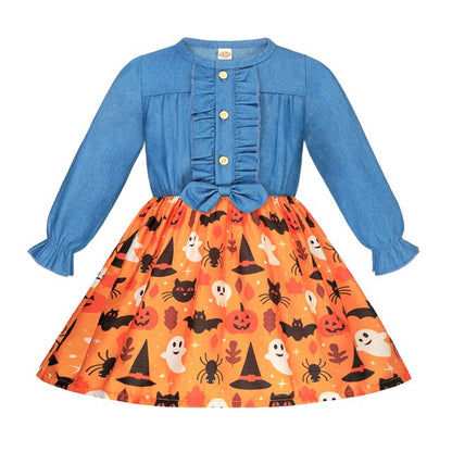 Summer Girls Dress Princess Denim Floral Stitching Sleeveless Dresses