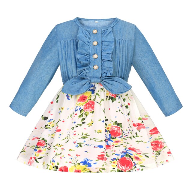 Summer Girls Dress Princess Denim Floral Stitching Sleeveless Dresses