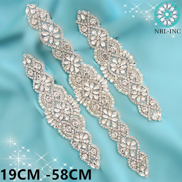 (1PC) Bridal dress belt wedding with silver crystals rhinestone applique sash
