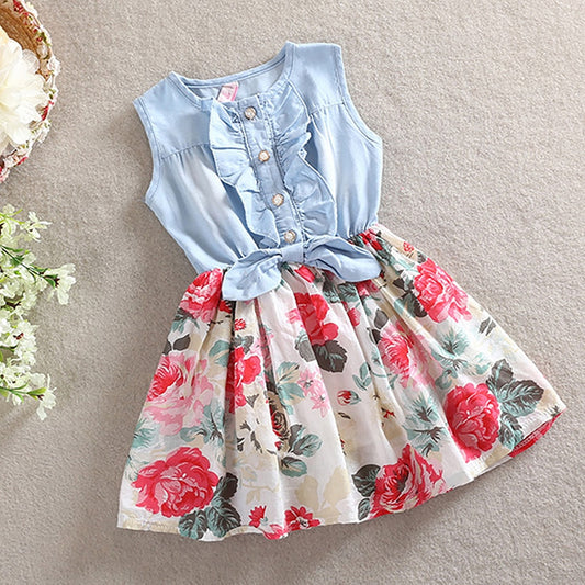 Summer Girls Dress Princess Denim Floral Stitching Sleeveless Dresses