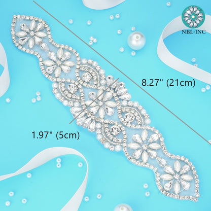 (1PC) Bridal dress belt wedding with silver crystals rhinestone applique sash