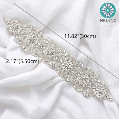 (1PC) Bridal dress belt wedding with silver crystals rhinestone applique sash