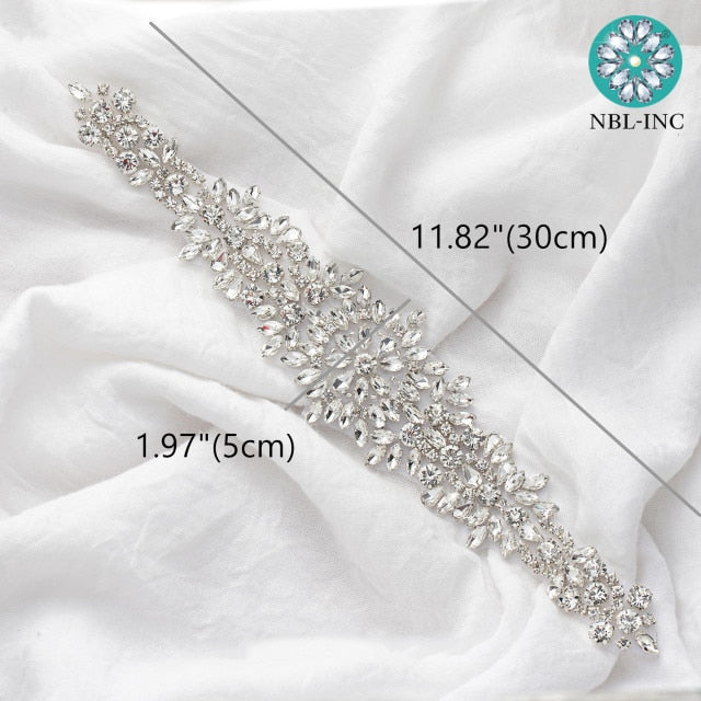 (1PC) Bridal dress belt wedding with silver crystals rhinestone applique sash