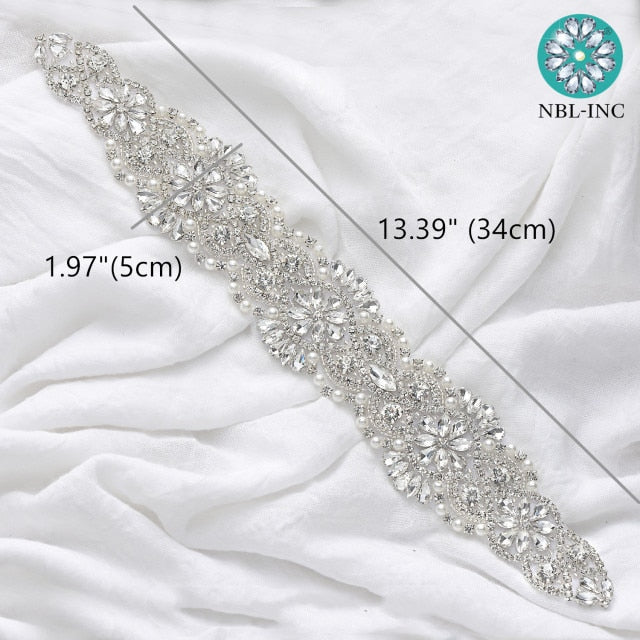 (1PC) Bridal dress belt wedding with silver crystals rhinestone applique sash