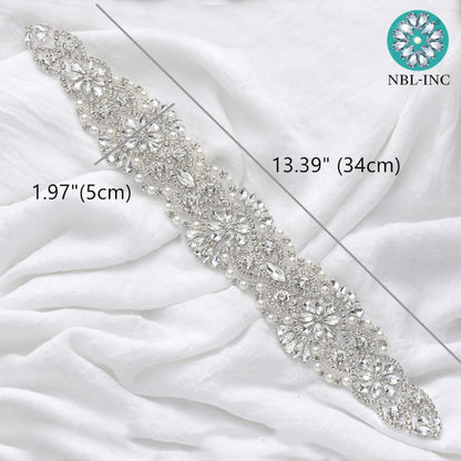(1PC) Bridal dress belt wedding with silver crystals rhinestone applique sash