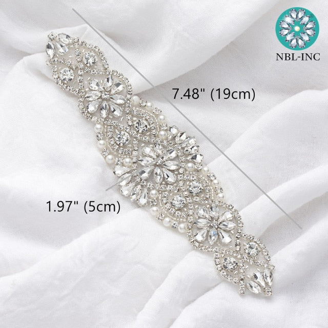 (1PC) Bridal dress belt wedding with silver crystals rhinestone applique sash