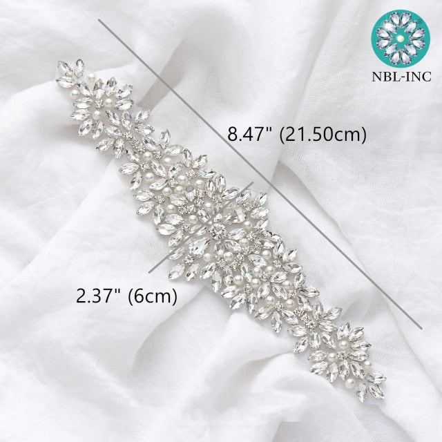 (1PC) Bridal dress belt wedding with silver crystals rhinestone applique sash