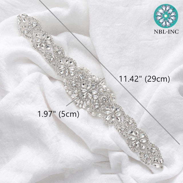 (1PC) Bridal dress belt wedding with silver crystals rhinestone applique sash