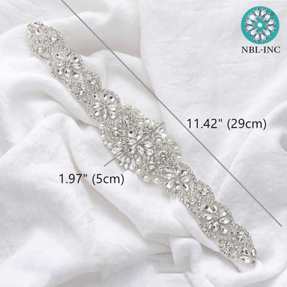 (1PC) Bridal dress belt wedding with silver crystals rhinestone applique sash