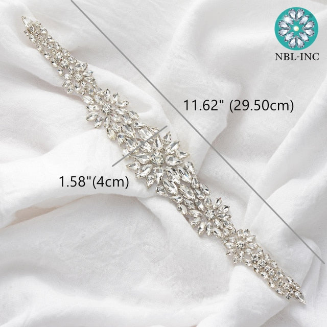 (1PC) Bridal dress belt wedding with silver crystals rhinestone applique sash