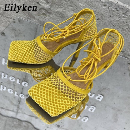 Eilyken 2021 New Sexy Yellow Mesh Pumps Sandals Female Square Toe high heel